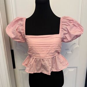 Altar’d State Cropped Puff Sleeve Stretchy Midrift Top Shirt Ruffles Pink NWOT